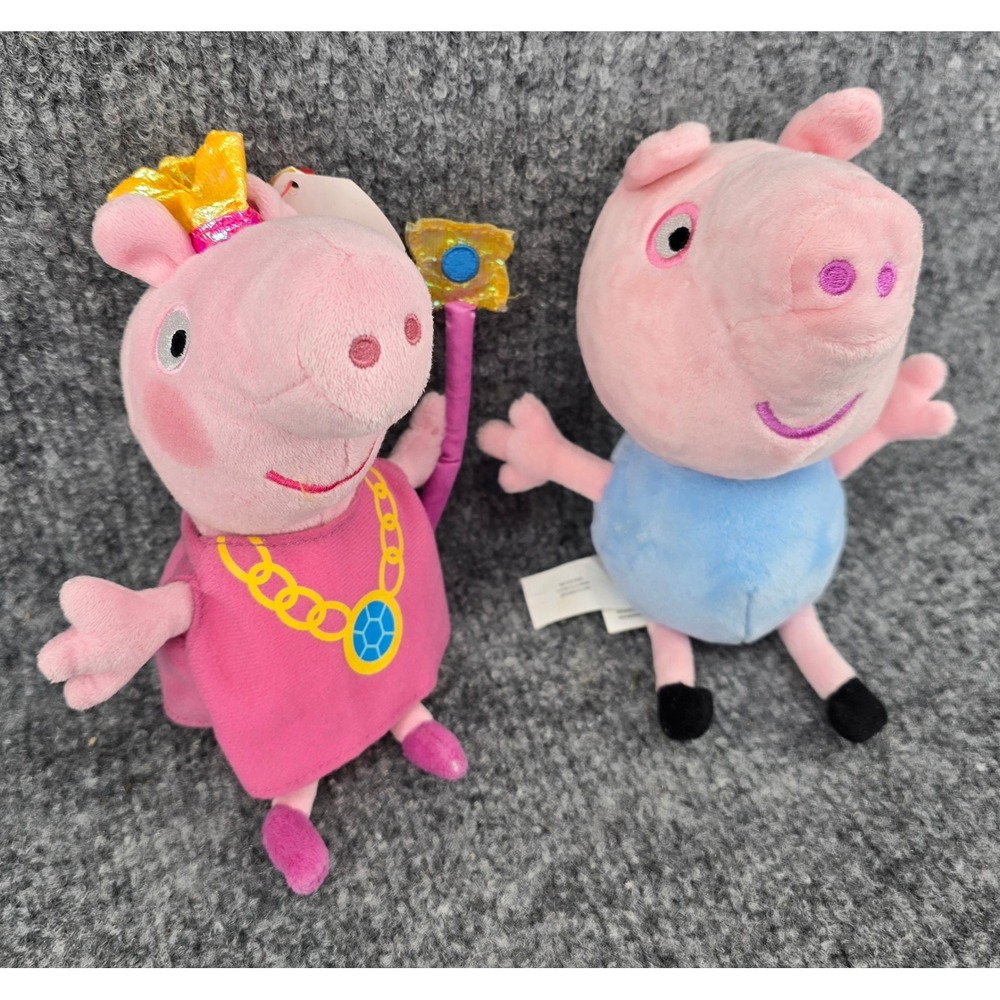 2 Peppa Pig Plushies 8" Princess Peppa George Pink Blue Set Ty Toddler Gift